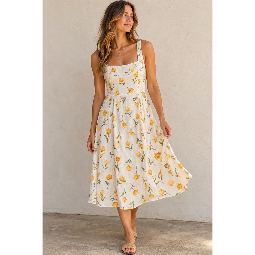 Joie White Yellow Tulip Floral Linen Blend Smocked Midi Dress Size 6 Summer